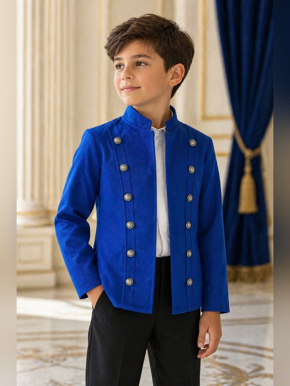 Kids Royal Blue Prince Military Jacket Costume Silver Button Coat XL